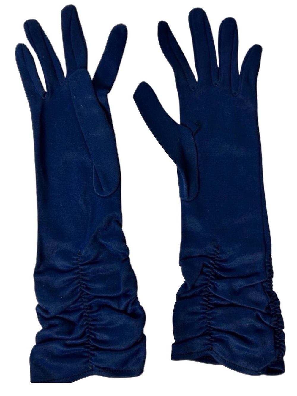 Vintage 1940s Navy Blue Nylon Ruched Pair of Gloves Mid Length Womens 13” - Picture 4 of 4